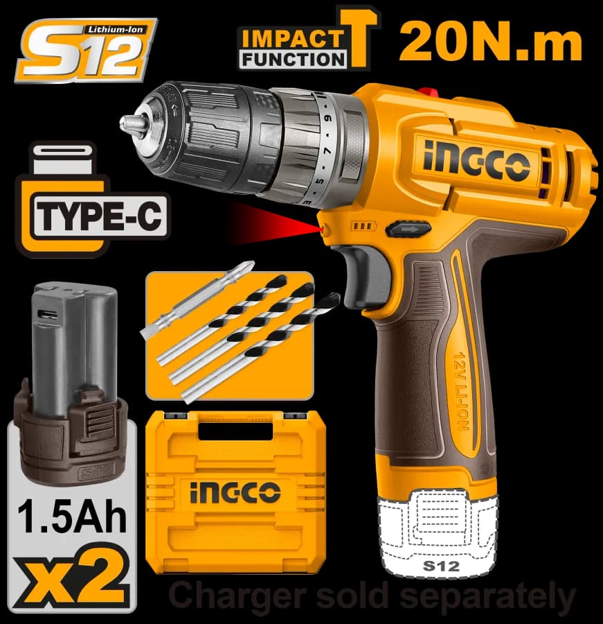 Taladro DE Impacto 3/8" 12V 20N.M + 2 Bat 1.5AH + Maleta INGCO