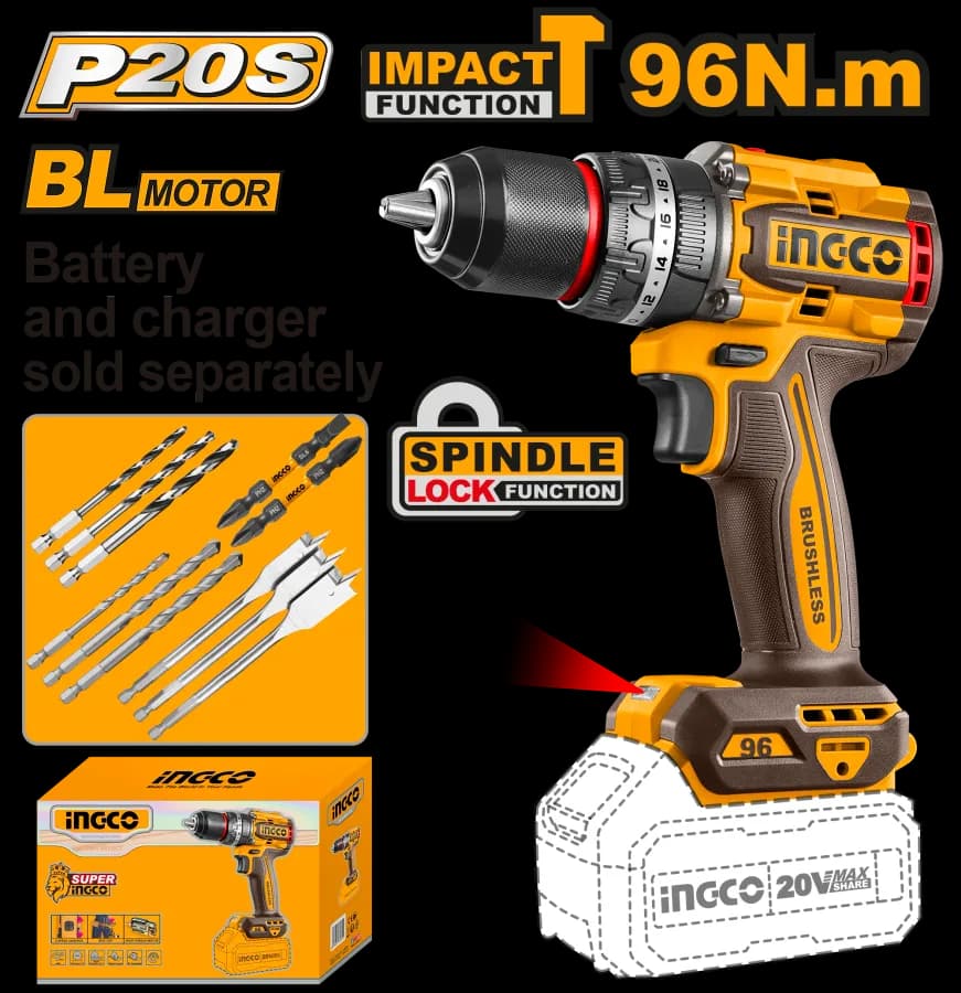 Taladro DE Impacto 1/2" BL 20V 96N.M INGCO