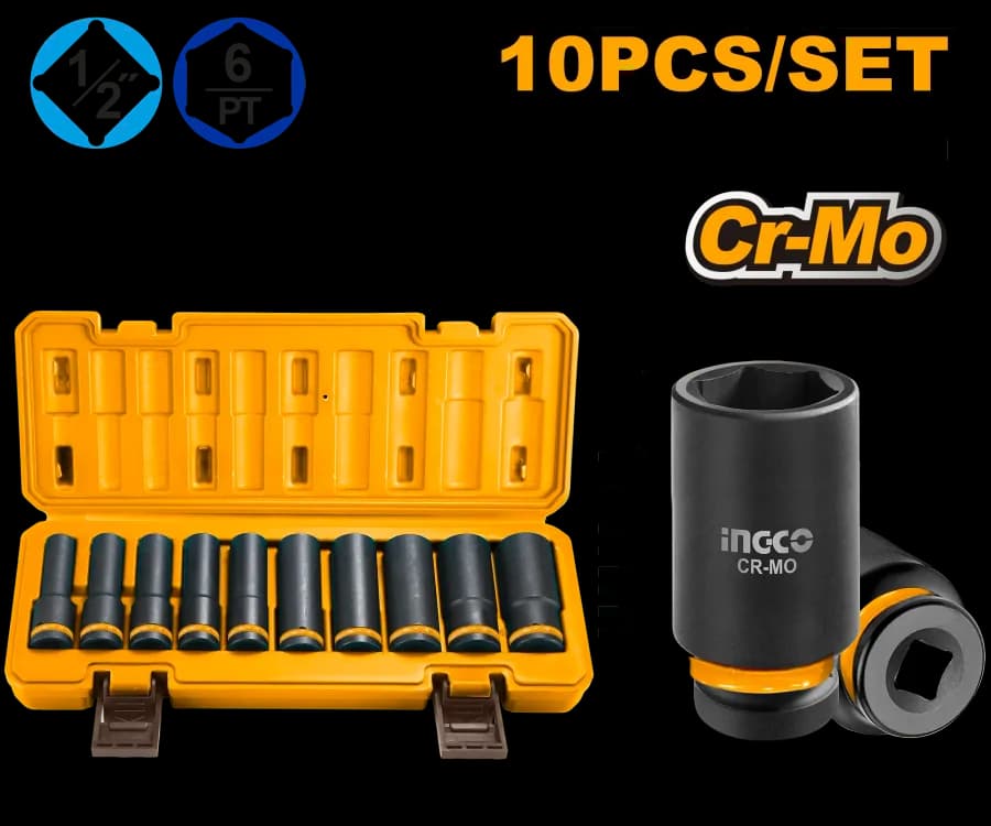Juego DE Dados Largos DE Impacto 1/2" - 10 12-13-14-15-17-19 21-22-24 (10 Pcs) INGCO