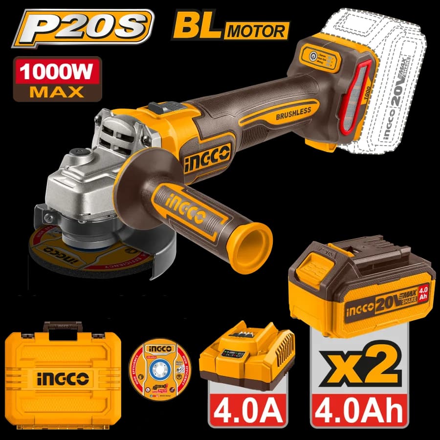 Amoladora Angular 4-1/2" BL 20V 1000W + 2 Bat 4.0AH + Carg + Maleta INGCO