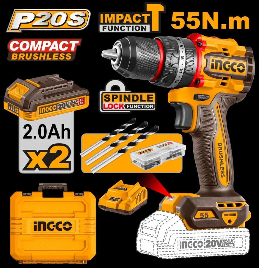 Taladro DE Impacto 1/2" BL 20V 55N.M + 2 Bat 2.0AH + Carg + Maleta INGCO
