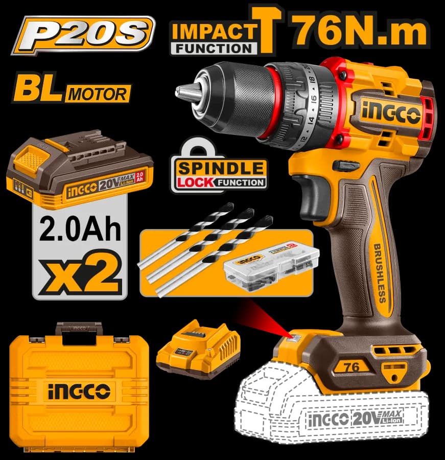 Taladro DE Impacto 1/2" BL 20V 76N.M + 2 Bat 2.0AH + Carg + Maleta INGCO
