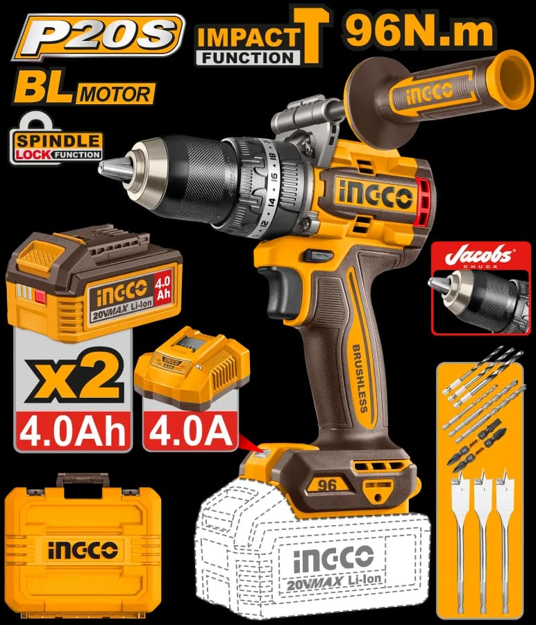Taladro DE Impacto 1/2" BL 20V 96N.M + 2 Bat 4.0AH + Carg + Maleta Ingco.