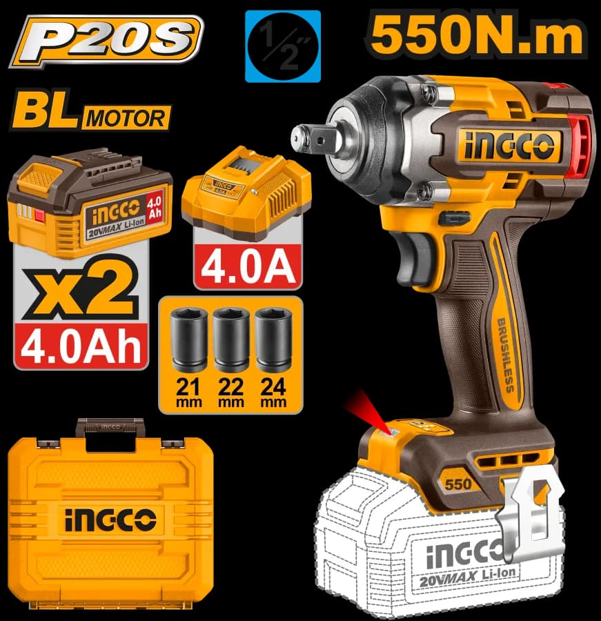 Llave DE Impacto Inalambrica 1/2" BL 20V 550N.M + 2 Bat 4.0AH + Carg + Maleta INGCO