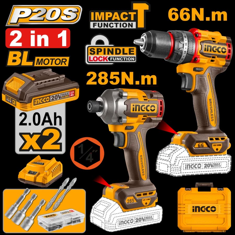 Juego Combinado DE 2 Piezas Taladro Inalambrico 1/2" 20V 66N.M Atornillador DE Impacto 1/4" BL 20V 285N.M + 2 Bat 2.0AH + Carg + Maleta INGCO