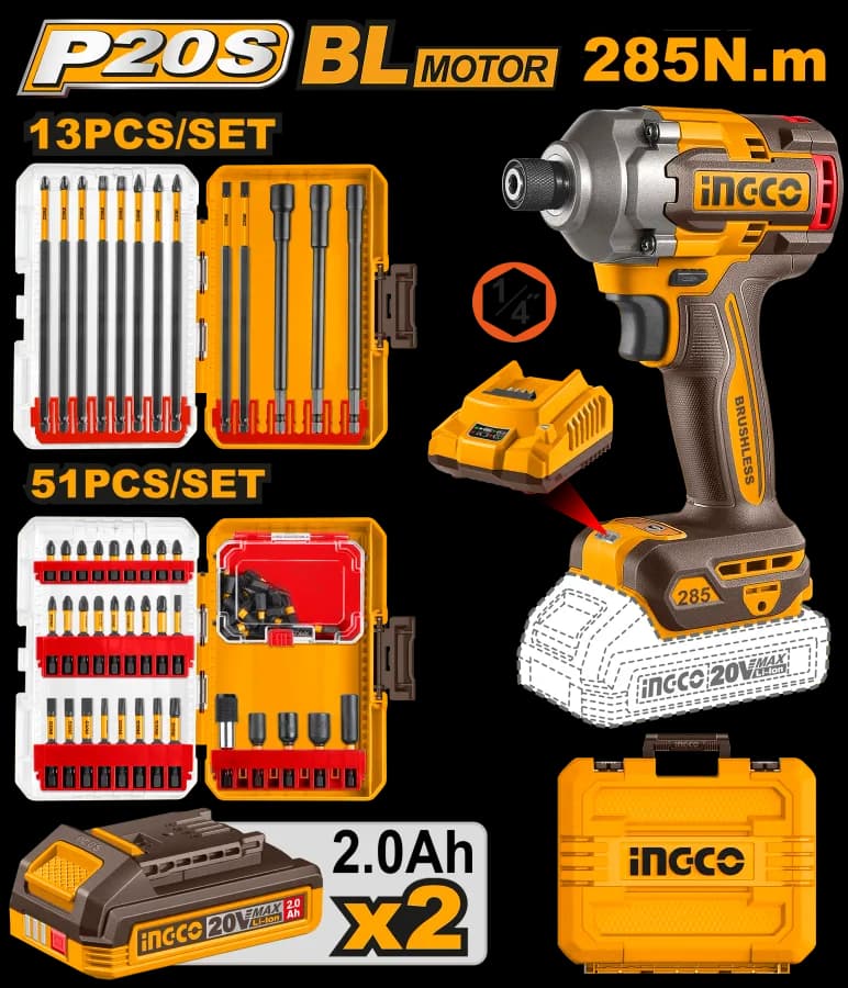 Atornillador DE Impacto 1/4" BL 20V 285N.M + 2 Bat 2.0AH + Carg + Accesorios + Maleta INGCO