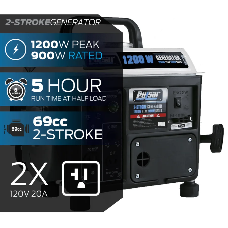 Generador Electrico A Gasolina Americano PULSAR 1200 Wts (1.2KW) Portable Gasolina / Aceite 2-STROKE Generator – 814726026530 – PG1202SA 2