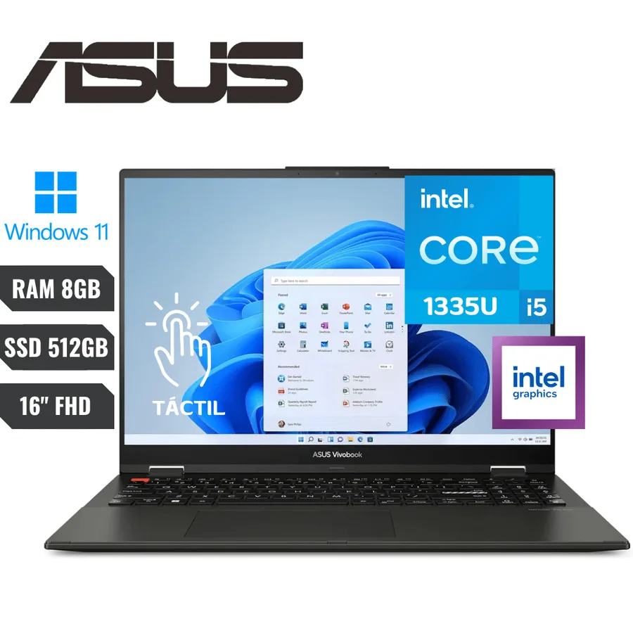 Laptop ASUS Vivobook S16 Flip INTEL Core I5 1335U (13VA) 512GB SSD RAM 8GB 16" (1920×1200) *touchscreen* Windows 11 Home Midnight Black – TP 2