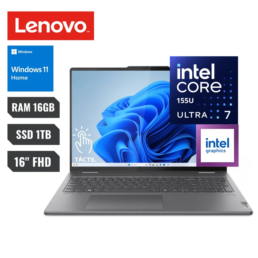 Laptop LENOVO Yoga 7I 2-IN-1 16" 2K Touchscreen INTEL Core Ultra 7 155U RAM 16GB Memory 1TB SSD Storm Grey Ingles Windows 11 Home – 83DL0002 2