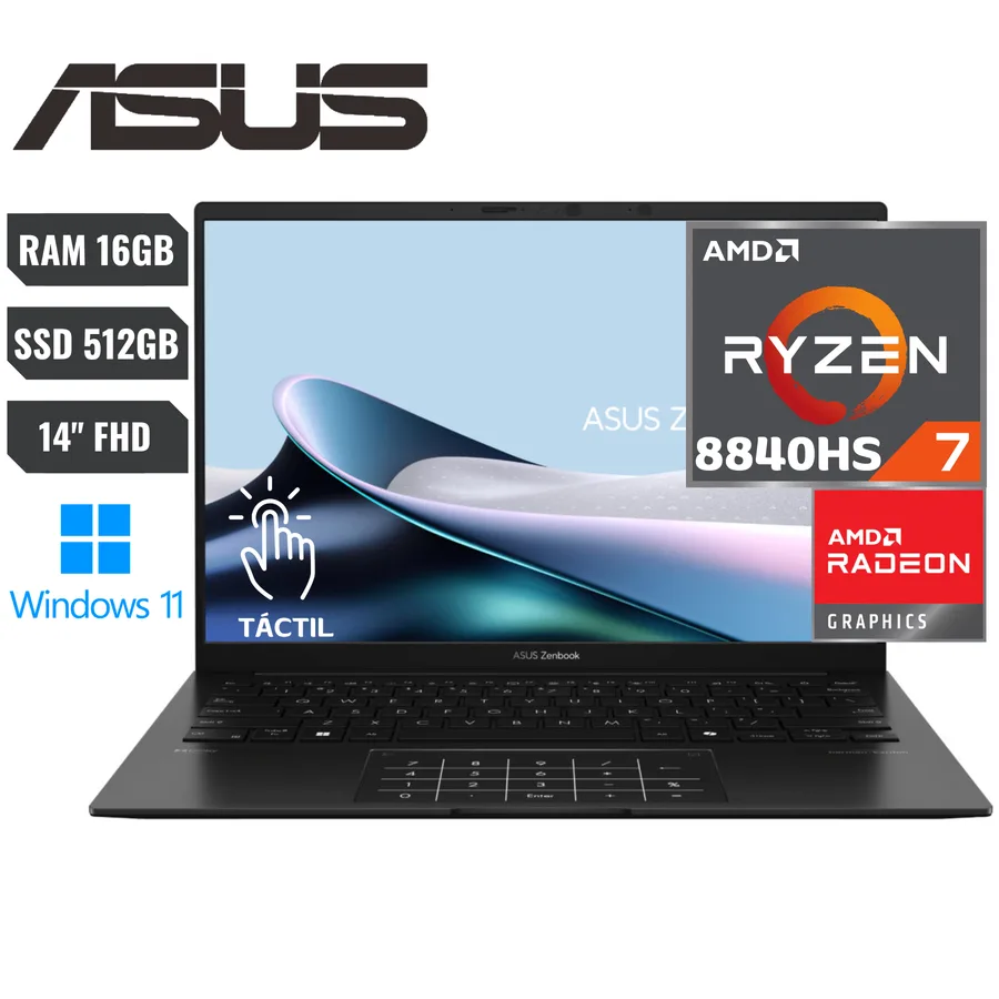 Laptop ASUS Zenbook 14OLED UM3406HA-WS74T AMD RYZEN AI 7 8840HS (8TH) (npu 16 Tops) Copilot+ PC 512GB SSD 16GB 14" (1920×1200) 60HZT OLED To 2