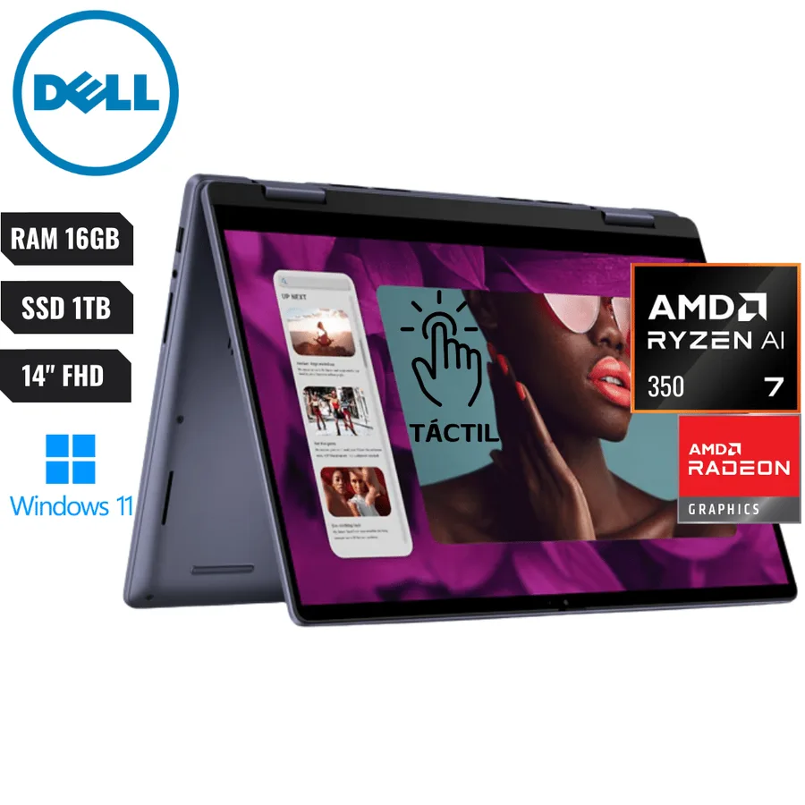Laptop DELL 2-IN-1 DELL 14 Plus AMD RYZEN AI 7 350 (ai 300 Series) (hasta 66 Tops) RAM 16 GB (LPDDR5X-SDRAM 7500 Mt/s) SSD 1TB Pantalla 14"  2