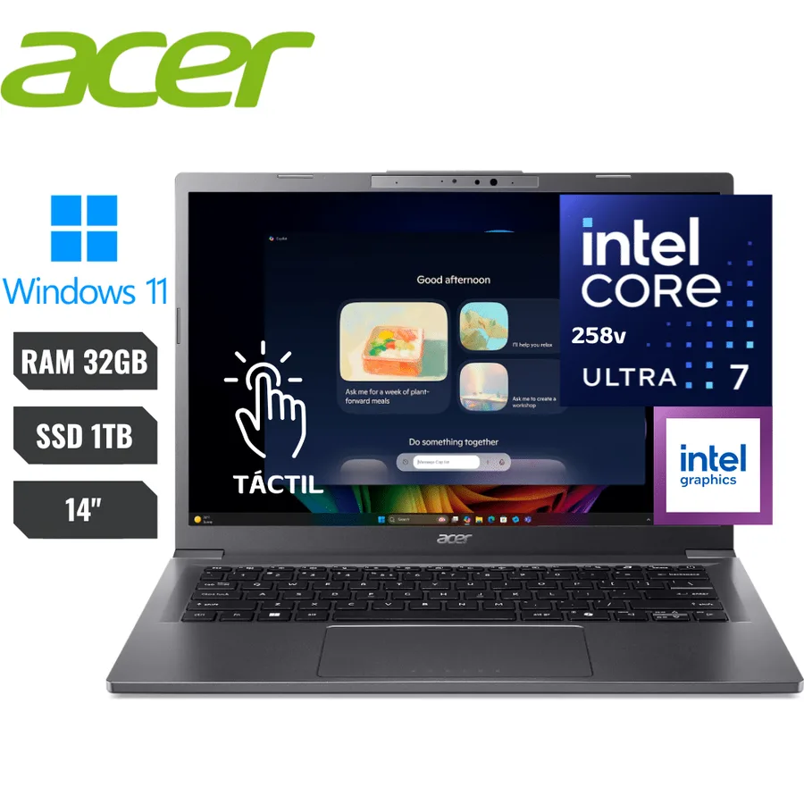Laptop ACER INTEL Core Ultra 7 258V RAM 32GB SSD 1TB 14" Wuxga (1920×1200) *touch* Windows 11 Home – A14-52MT-701K 2