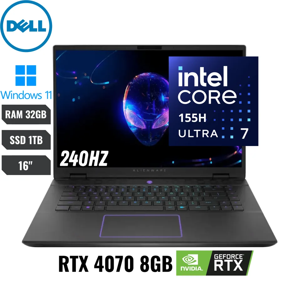Laptop DELL Alienware M16 R2 INTEL Core Ultra 7 155H RAM 32GB DDR5 SSD 1TB (1000GB) 16" (2560×1600) 240HZ *nvidia Rtx 4070* 8GB Dark Metalli 2