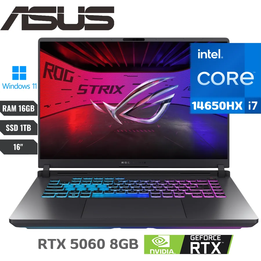 Laptop ASUS Rog Strix G16 INTEL Core I7-14650HX (14VA) RAM 16GB DDR5 SSD 1TB Nvme 16" (1920×1200) 3MS 165HZ WIN11 Nvidia® Rtx 5060 8192MB Ec 2