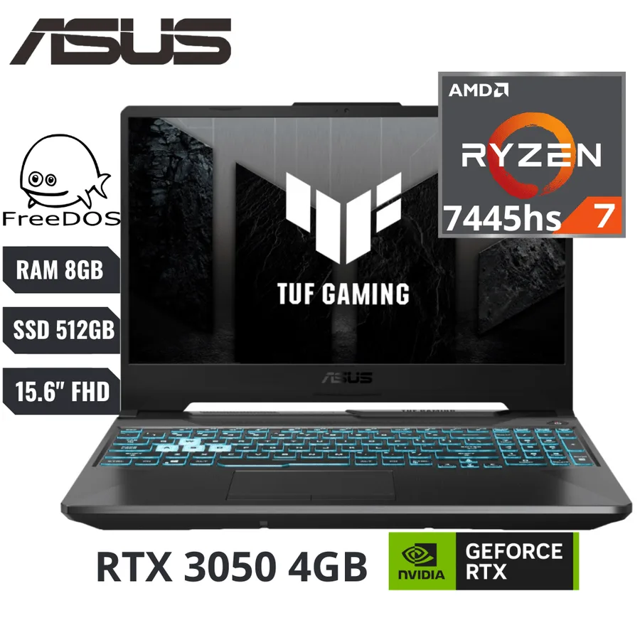 Laptop ASUS Tuf Gaming FA506N AMD RYZEN 7 7445HS RAM DDR5 8GB SSD 512GB M.2 15.6" FHD WV Nvidia Geforce Rtx 3050 (4GB GDDR6) Español Freedos 2