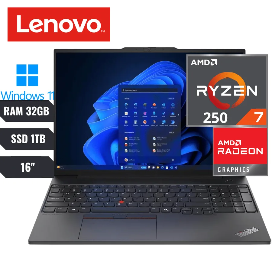 Laptop LENOVO Thinkpad E16 Gen 3 RYZEN 7 250 RAM 32GB SSD 1TB 16" Wuxga (1290×1200) IPS IR Webcam Brb Usb-a (usb 10 Gbps) Usb-a (usb 5 Gbps) 2
