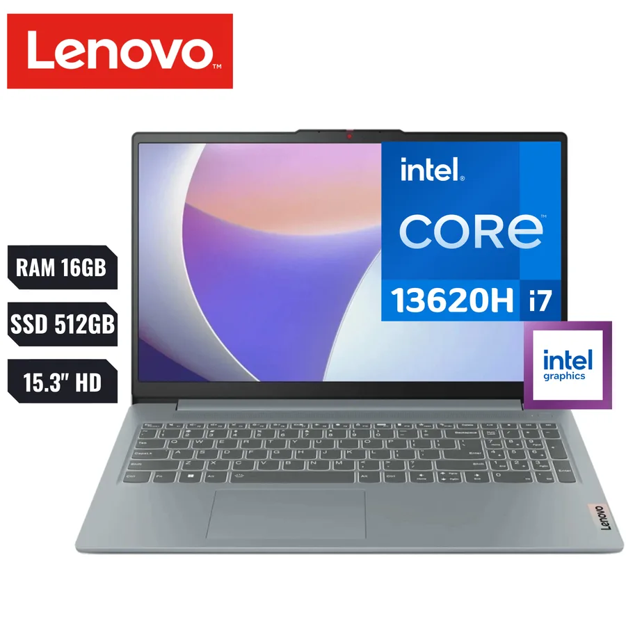 Laptop LENOVO Ideapad Slim 3 15IRH10 INTEL Core I7 13620H RAM DDR5 16GB SSD 512GB M.2 2242 Pcie® 4.0×4 Nvme 15.3" Wuxga 1 X Usb-c® 3.2 2 X U 2