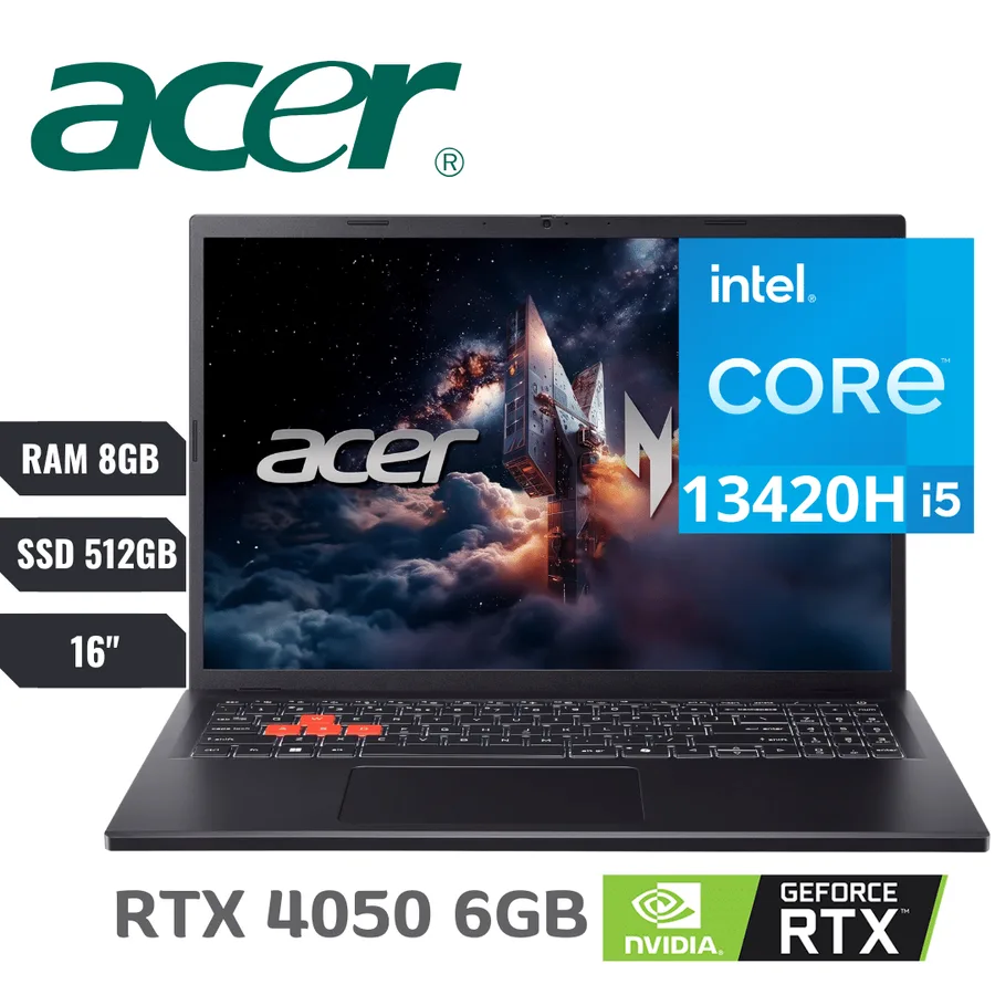 Laptop ACER Nitro NL16-71G-58BW INTEL Core I5 13420H (13VA) RAM 8GB DDR5 SSD 512GB Nvme Nvidia Geforce Rtx 4050 6GB 16" Lcd (1920×1200) 165H 2