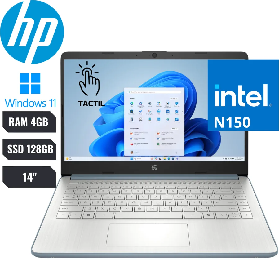 Laptop HP 14-DQ6103DS INTEL N150 RAM 4GB DDR4-3200 SSD 128GB Ufs 14" HD 250 Nits Touchscreen (1366×768) Wi-fi 6 (2×2) Bluetooth 5.4 Windows  2