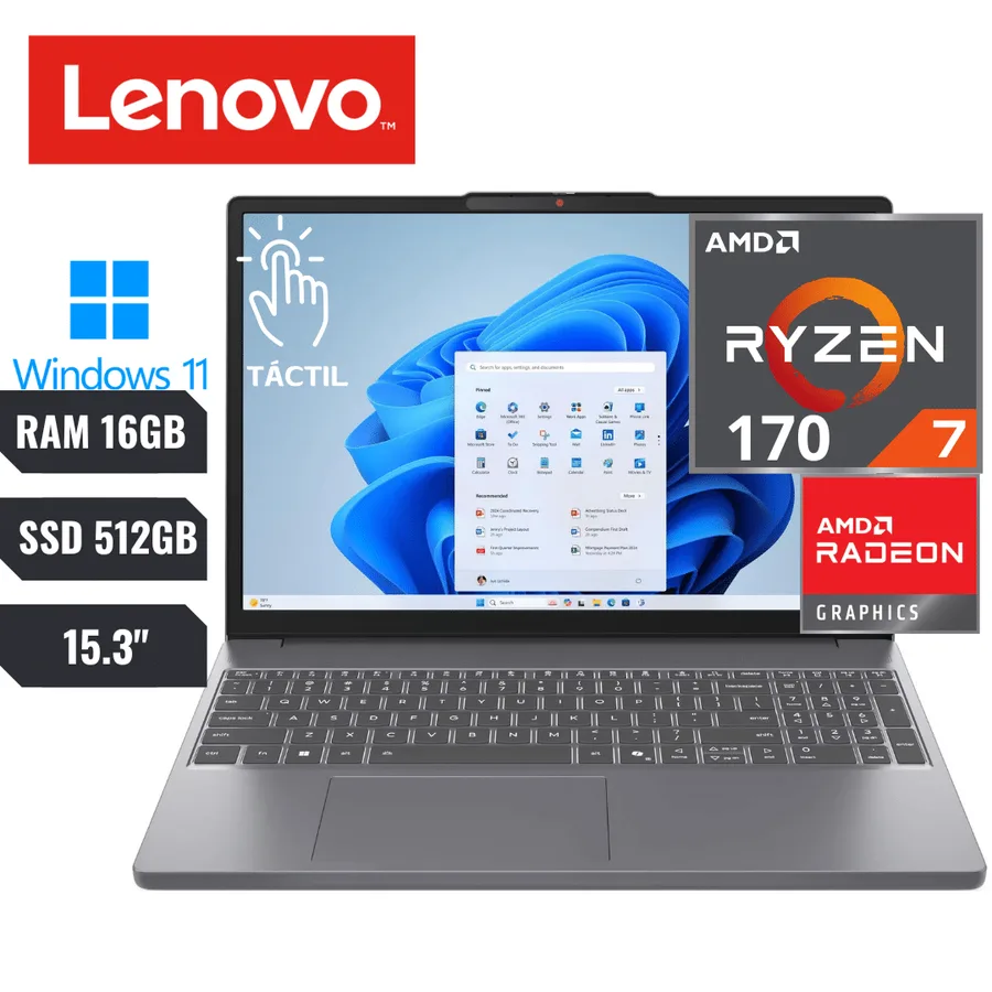 Laptop LENOVO Ideapad Slim 3 AMD RYZEN 7 170 (2025) (amd RYZEN 100 Series) RAM 16GB DDR5 (4800 Mhzt) 512GB SSD 15.3" 60HZ IPS 2K Touchscreen 2