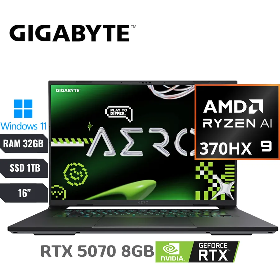 Laptop Gigabyte Aero X16 AMD RYZEN AI 9 HX 370 (ia Integrada) RAM 32GB DDR5 1TB SSD 16" (2560×1600) 165HZ *nvidia Rtx 5070 8GB 8192MB* Lunar 2