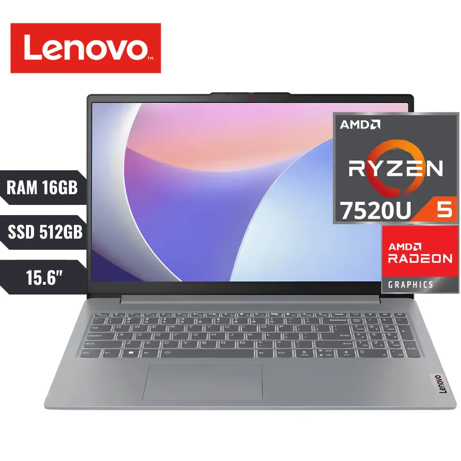Laptop LENOVO Ideapad Slim 3, RYZEN 5 7520U RAM 16GB SSD 512GB 15.6" FHD(1920×1080), Eng Kb, NO Os, Arctic Grey – 82XQ00JYRM 2
